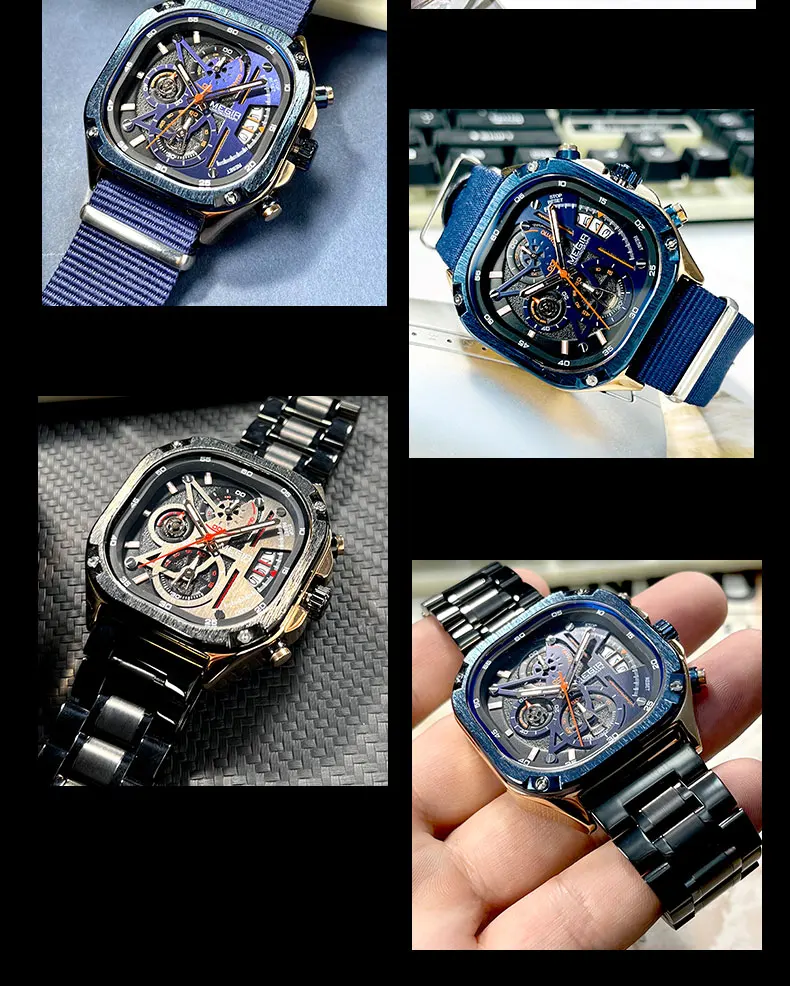 MEGIR Black Quartz Watch Men Waterproof Square Dial Wristwatch with Chronograph Stainless Steel Strap Luminous Hands Auto Date