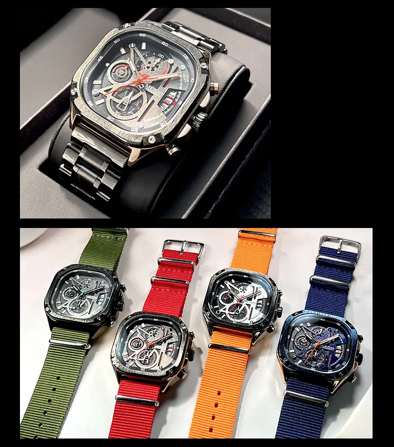 MEGIR Black Quartz Watch Men Waterproof Square Dial Wristwatch with Chronograph Stainless Steel Strap Luminous Hands Auto Date