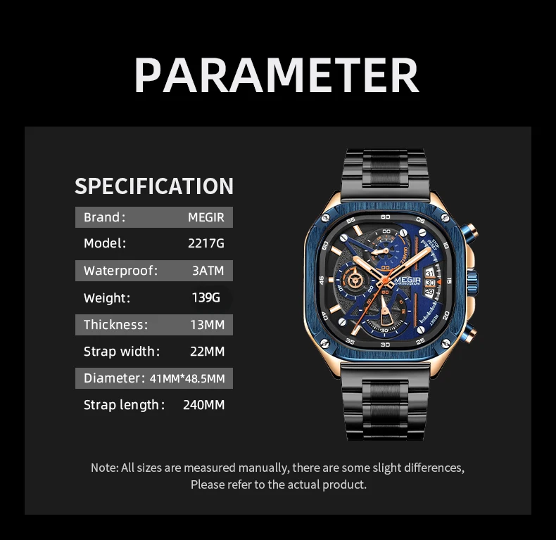MEGIR Black Quartz Watch Men Waterproof Square Dial Wristwatch with Chronograph Stainless Steel Strap Luminous Hands Auto Date
