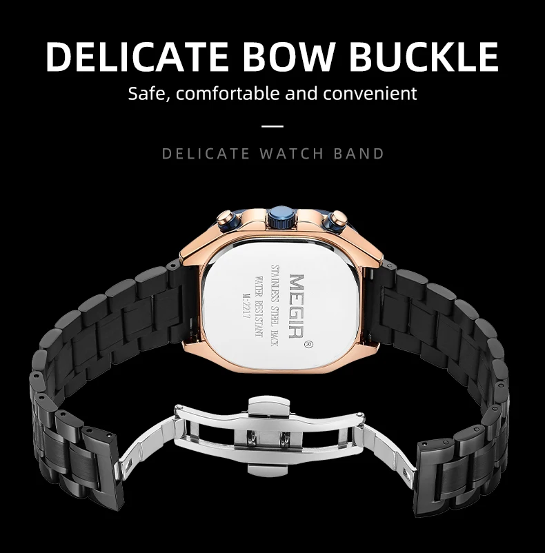 MEGIR Black Quartz Watch Men Waterproof Square Dial Wristwatch with Chronograph Stainless Steel Strap Luminous Hands Auto Date