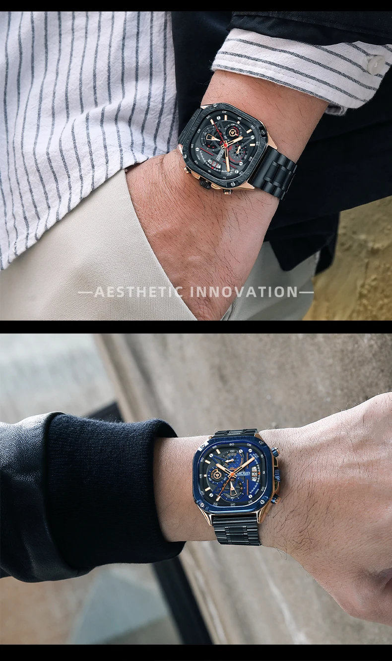 MEGIR Black Quartz Watch Men Waterproof Square Dial Wristwatch with Chronograph Stainless Steel Strap Luminous Hands Auto Date