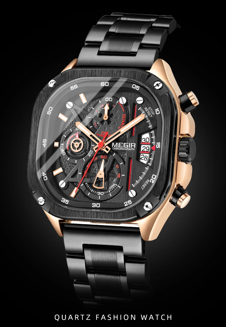 MEGIR Black Quartz Watch Men Waterproof Square Dial Wristwatch with Chronograph Stainless Steel Strap Luminous Hands Auto Date