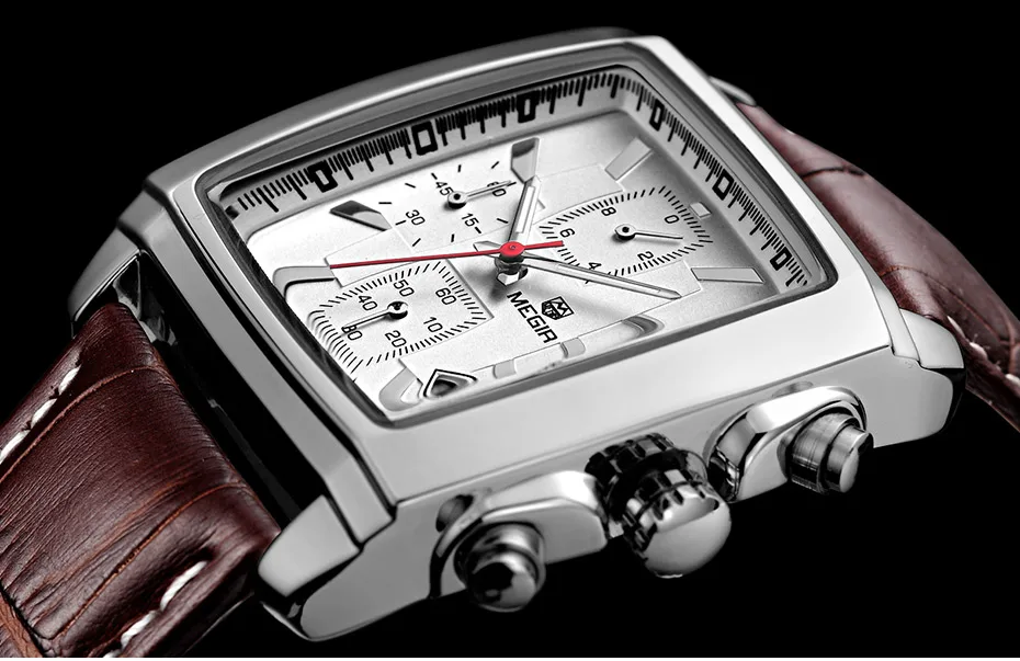 Megir Rectangle Dial Leather Strap Watch for Men Casual Blue Chronograph Quartz Watches Man Wristwatch Montre Reloj Часы М�