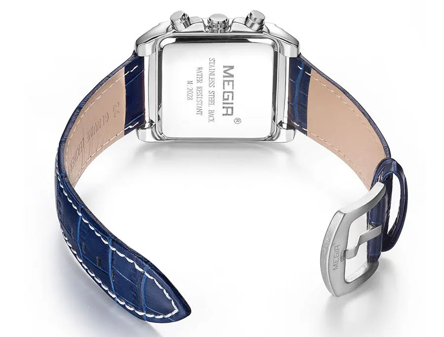 Megir Rectangle Dial Leather Strap Watch for Men Casual Blue Chronograph Quartz Watches Man Wristwatch Montre Reloj Часы М�