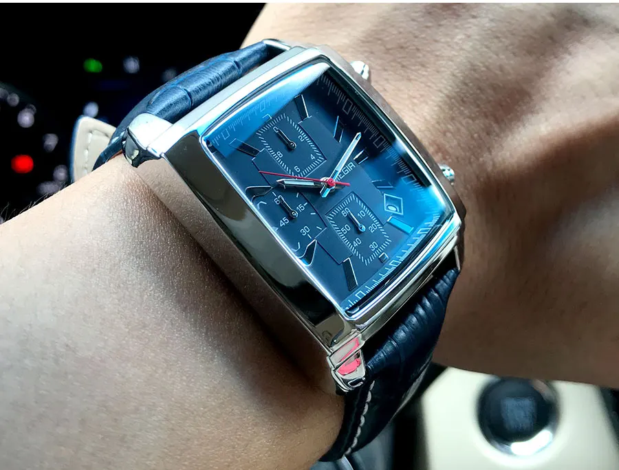 Megir Rectangle Dial Leather Strap Watch for Men Casual Blue Chronograph Quartz Watches Man Wristwatch Montre Reloj Часы М�