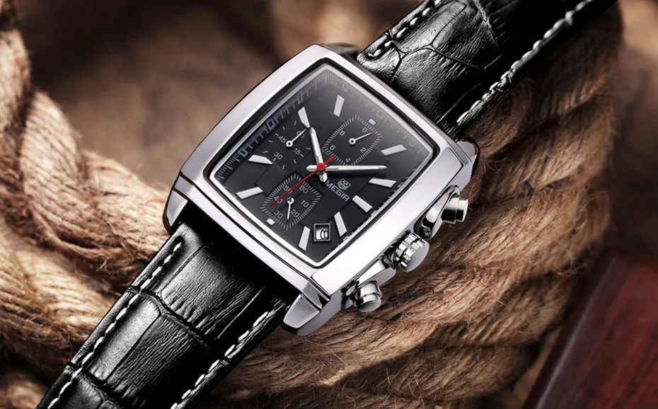 Megir Rectangle Dial Leather Strap Watch for Men Casual Blue Chronograph Quartz Watches Man Wristwatch Montre Reloj Часы М�