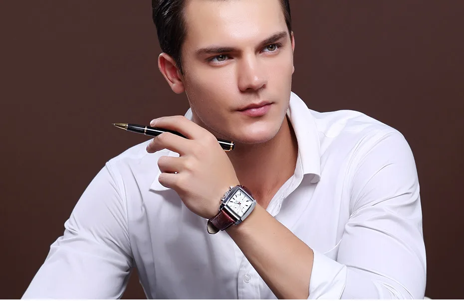 Megir Rectangle Dial Leather Strap Watch for Men Casual Blue Chronograph Quartz Watches Man Wristwatch Montre Reloj Часы М�