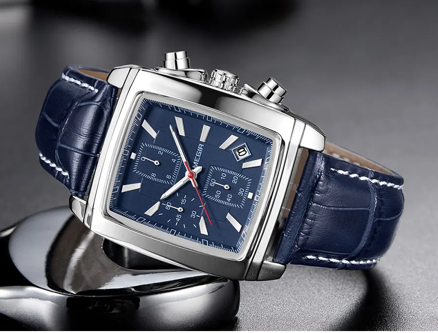 Megir Rectangle Dial Leather Strap Watch for Men Casual Blue Chronograph Quartz Watches Man Wristwatch Montre Reloj Часы М�