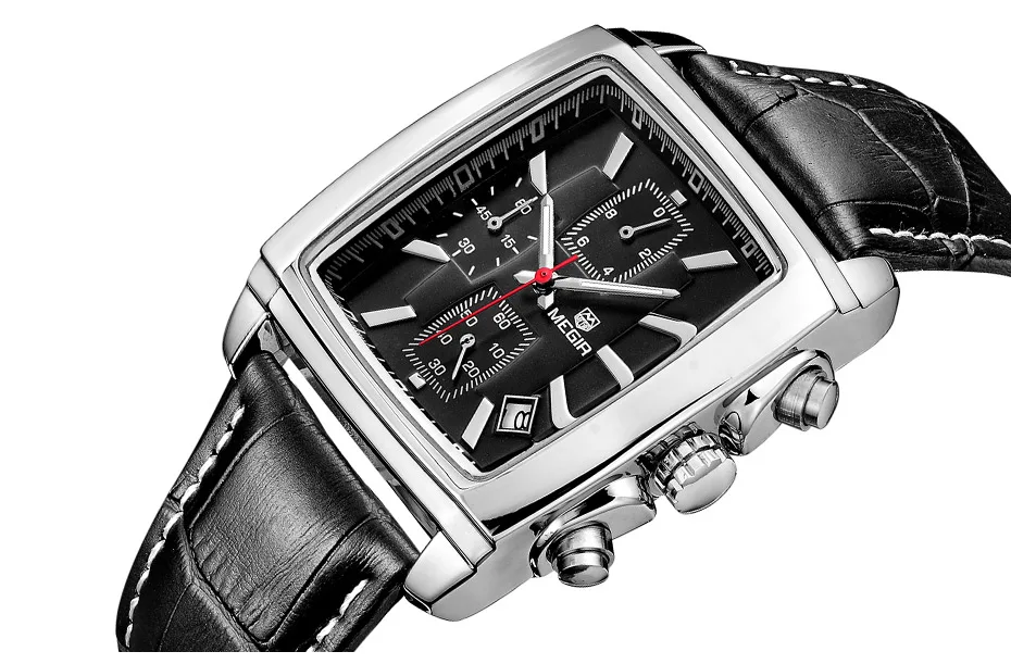 Megir Rectangle Dial Leather Strap Watch for Men Casual Blue Chronograph Quartz Watches Man Wristwatch Montre Reloj Часы М�