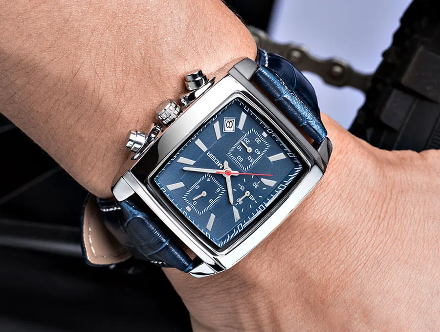 Megir Rectangle Dial Leather Strap Watch for Men Casual Blue Chronograph Quartz Watches Man Wristwatch Montre Reloj Часы М�