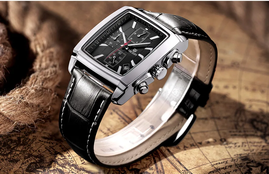 Megir Rectangle Dial Leather Strap Watch for Men Casual Blue Chronograph Quartz Watches Man Wristwatch Montre Reloj Часы М�