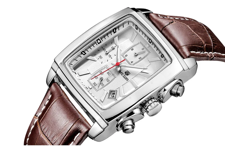 Megir Rectangle Dial Leather Strap Watch for Men Casual Blue Chronograph Quartz Watches Man Wristwatch Montre Reloj Часы М�