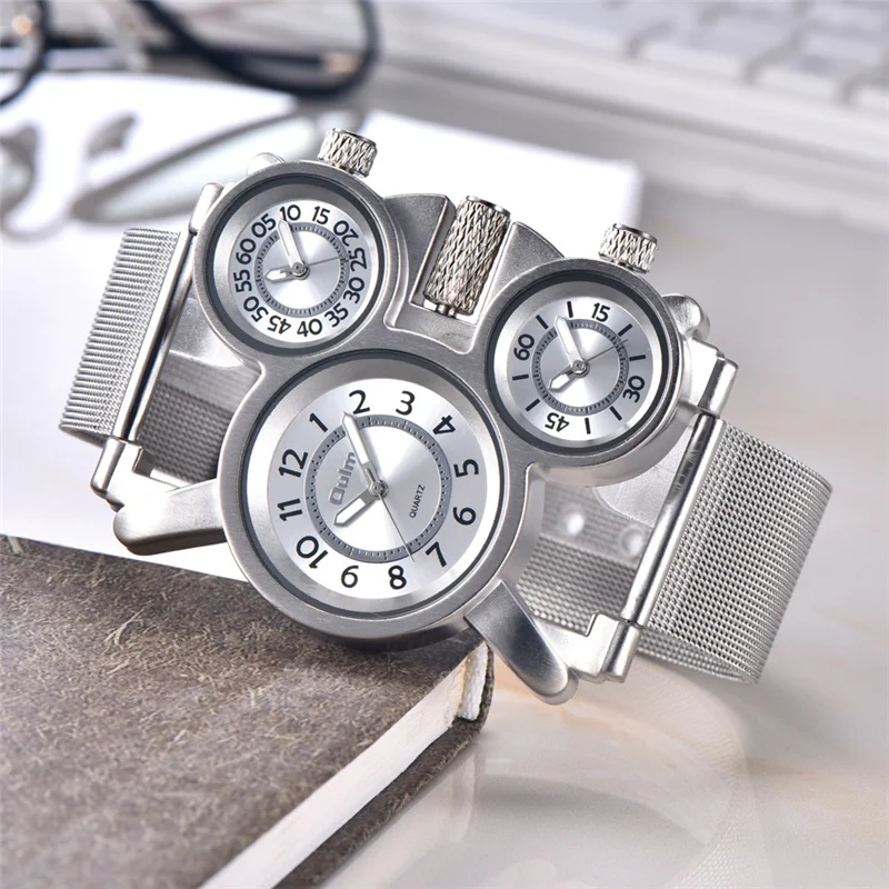 Oulm 1167 Three Time Zone Quartz Watches Men Mesh Steel Leather Band Sport Wristwatch Man Luxury Brand Male Clock relogio