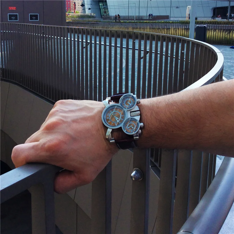 Oulm 1167 Three Time Zone Quartz Watches Men Mesh Steel Leather Band Sport Wristwatch Man Luxury Brand Male Clock relogio