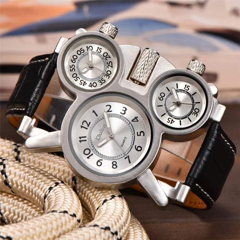 Oulm 1167 Three Time Zone Quartz Watches Men Mesh Steel Leather Band Sport Wristwatch Man Luxury Brand Male Clock relogio