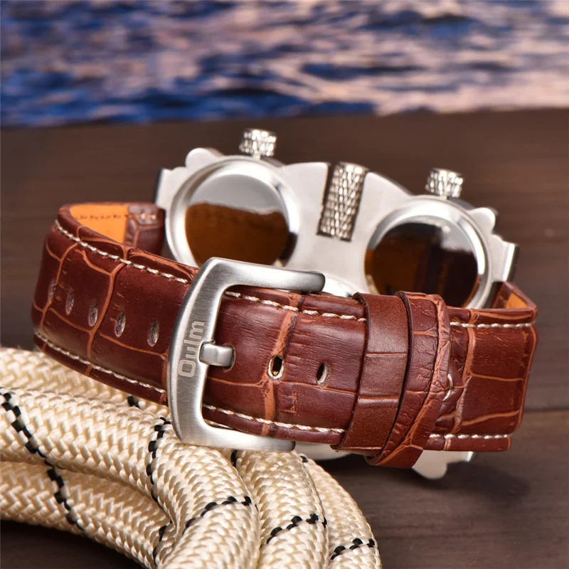 Oulm 1167 Three Time Zone Quartz Watches Men Mesh Steel Leather Band Sport Wristwatch Man Luxury Brand Male Clock relogio
