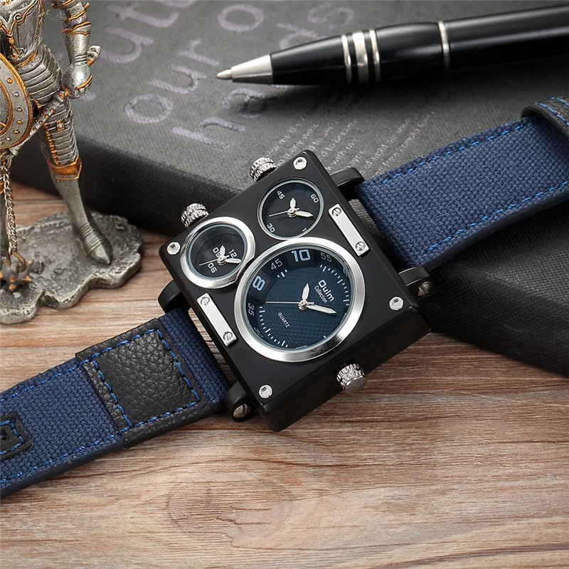 Oulm Watch Luxury Brand Men Fabric Srap Quartz Watch Clock Male Multiple Time Zones Square Sports Watches relogio masculino