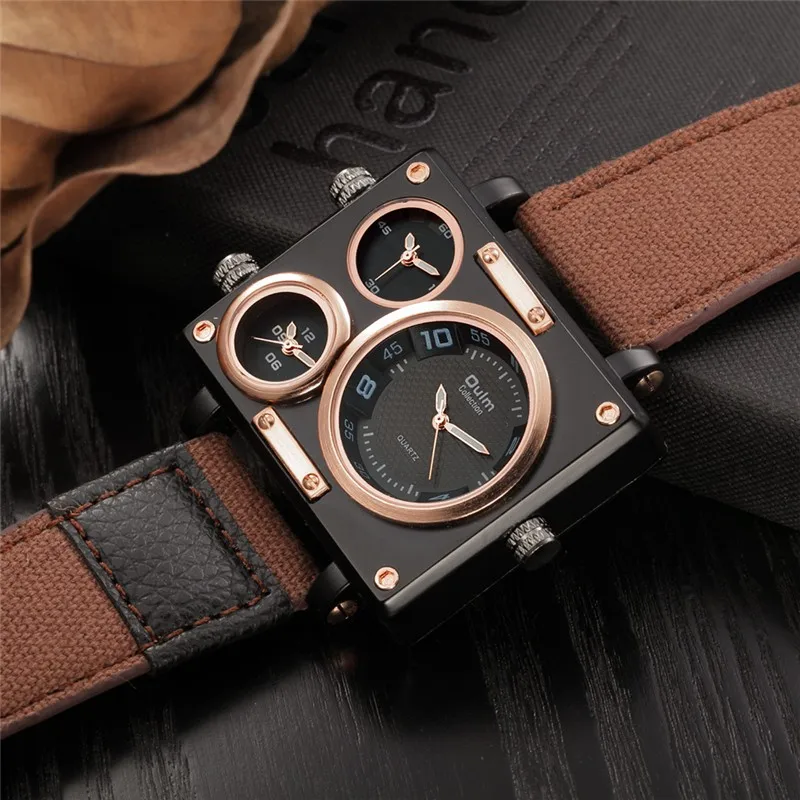 Oulm Watch Luxury Brand Men Fabric Srap Quartz Watch Clock Male Multiple Time Zones Square Sports Watches relogio masculino