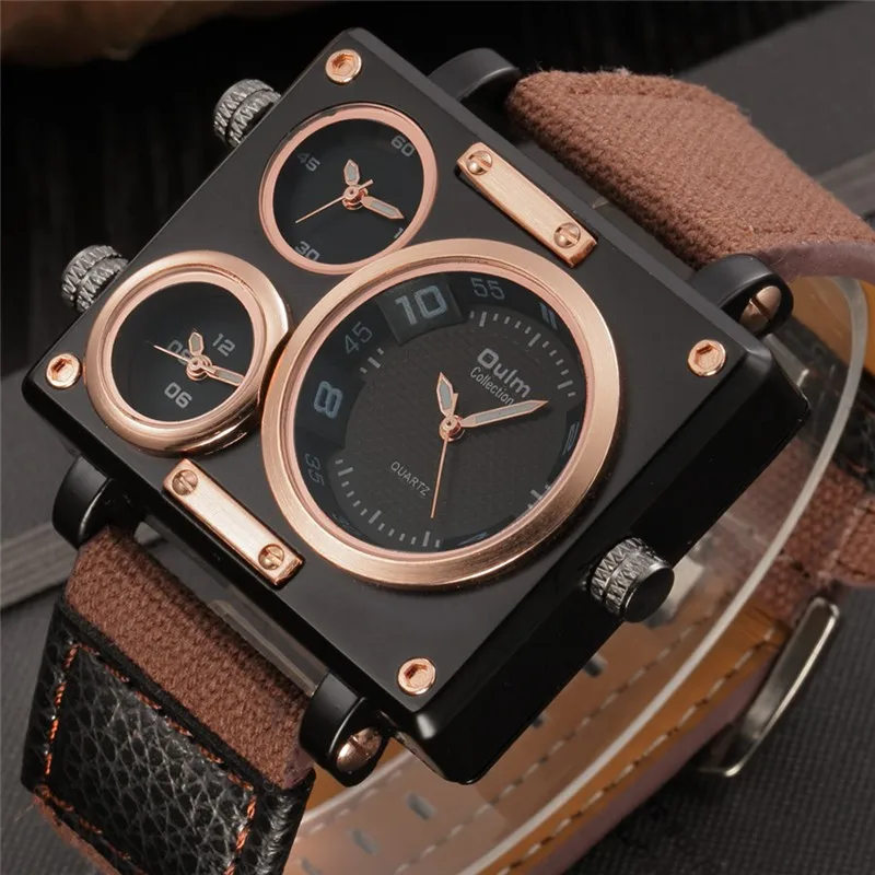 Oulm Watch Luxury Brand Men Fabric Srap Quartz Watch Clock Male Multiple Time Zones Square Sports Watches relogio masculino