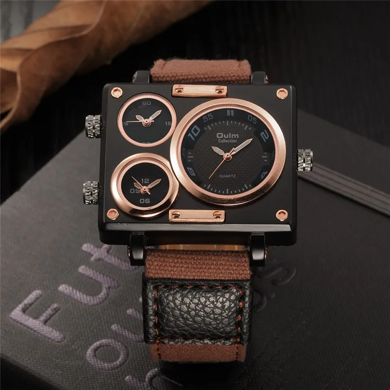 Oulm Watch Luxury Brand Men Fabric Srap Quartz Watch Clock Male Multiple Time Zones Square Sports Watches relogio masculino
