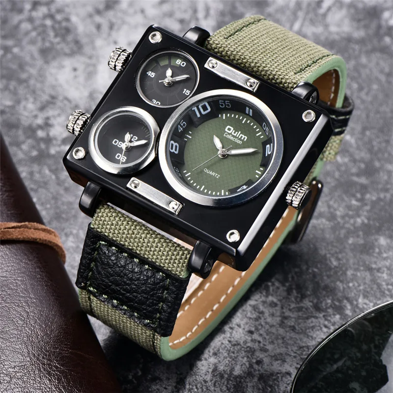 Oulm 3595 Green Watches Men Top Brand Luxury Fabric Big Size Quartz Clock 3 Time Zone Male Sport Watch relogio masculino