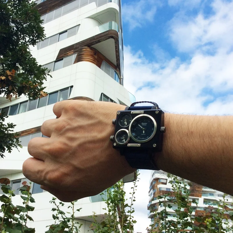 Oulm 3595 Green Watches Men Top Brand Luxury Fabric Big Size Quartz Clock 3 Time Zone Male Sport Watch relogio masculino