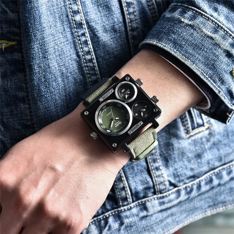 Oulm 3595 Green Watches Men Top Brand Luxury Fabric Big Size Quartz Clock 3 Time Zone Male Sport Watch relogio masculino
