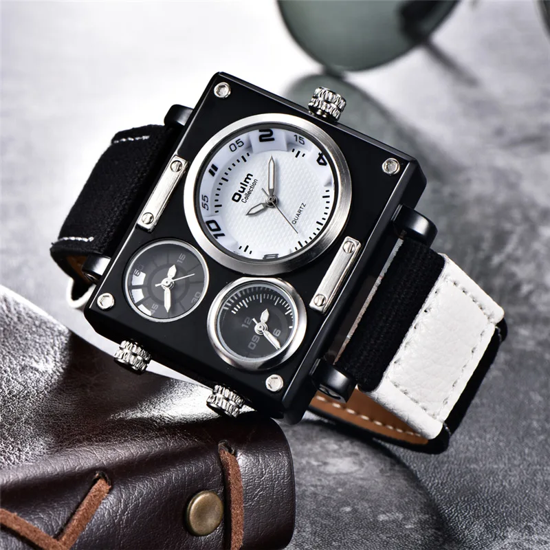 Oulm 3595 Green Watches Men Top Brand Luxury Fabric Big Size Quartz Clock 3 Time Zone Male Sport Watch relogio masculino