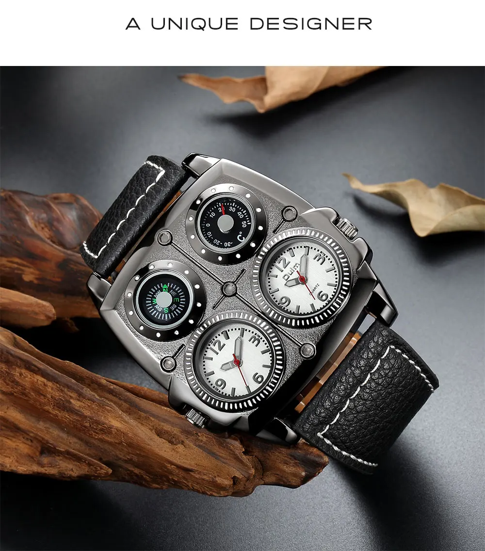 Oulm Men's Watches Two Time Zone Army Pilot Style Watch Big Size Military Quartz Clock Male Leather Strap Wristwatch