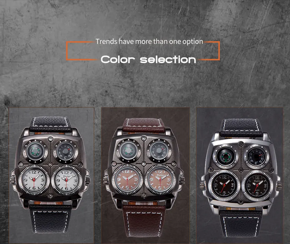 Oulm Men's Watches Two Time Zone Army Pilot Style Watch Big Size Military Quartz Clock Male Leather Strap Wristwatch