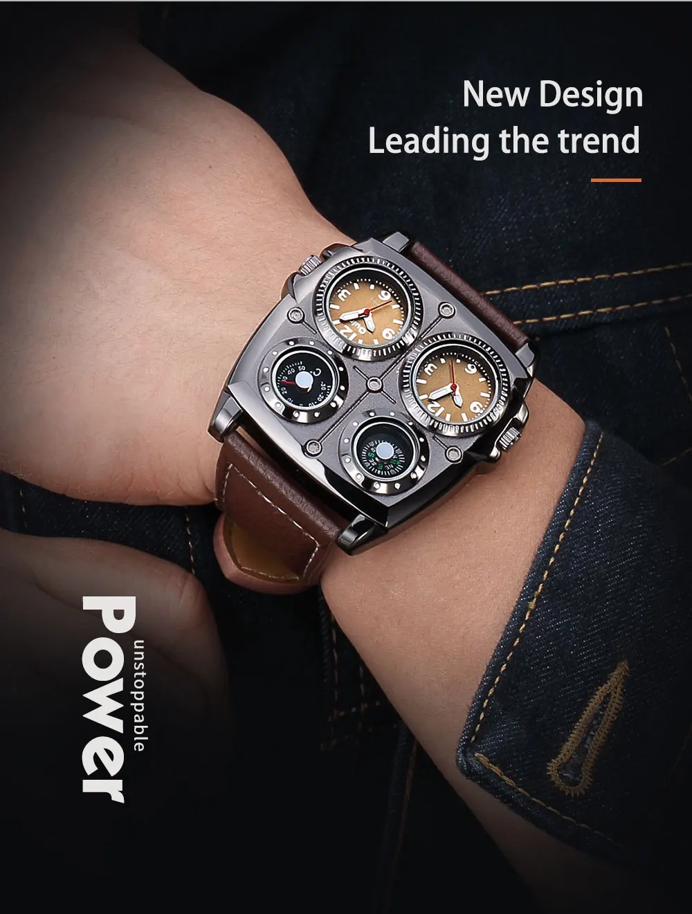 Oulm Men's Watches Two Time Zone Army Pilot Style Watch Big Size Military Quartz Clock Male Leather Strap Wristwatch