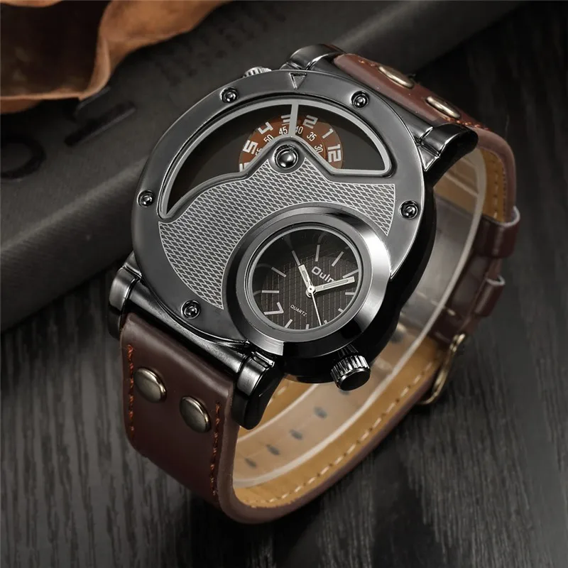Oulm Designer Brand Luxury Watches For Men Dual Time Quartz Watch Casual Man Leather Watch Sport Male Clock relogio masculino