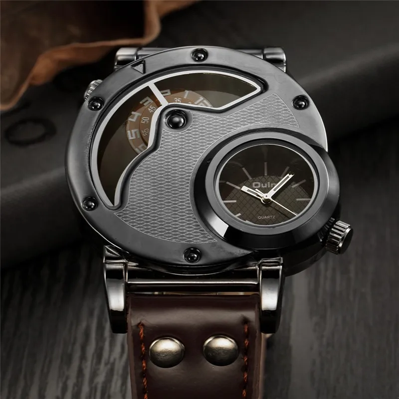 Oulm Designer Brand Luxury Watches For Men Dual Time Quartz Watch Casual Man Leather Watch Sport Male Clock relogio masculino