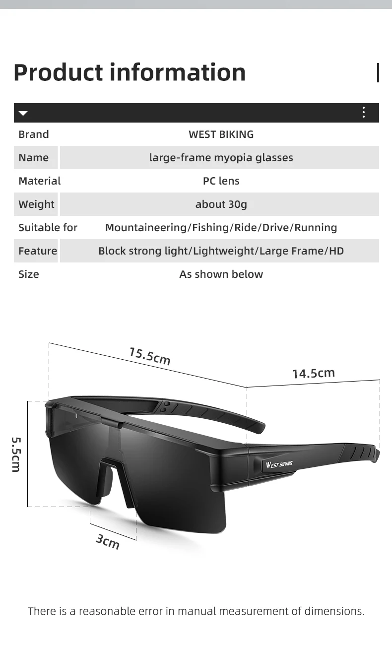 WEST BIKING Large Frame Cycling Polarized Glasses Bike Photochromic Outdoor Sunglasses Fit Over Myopic Goggles Bicycle Accessory