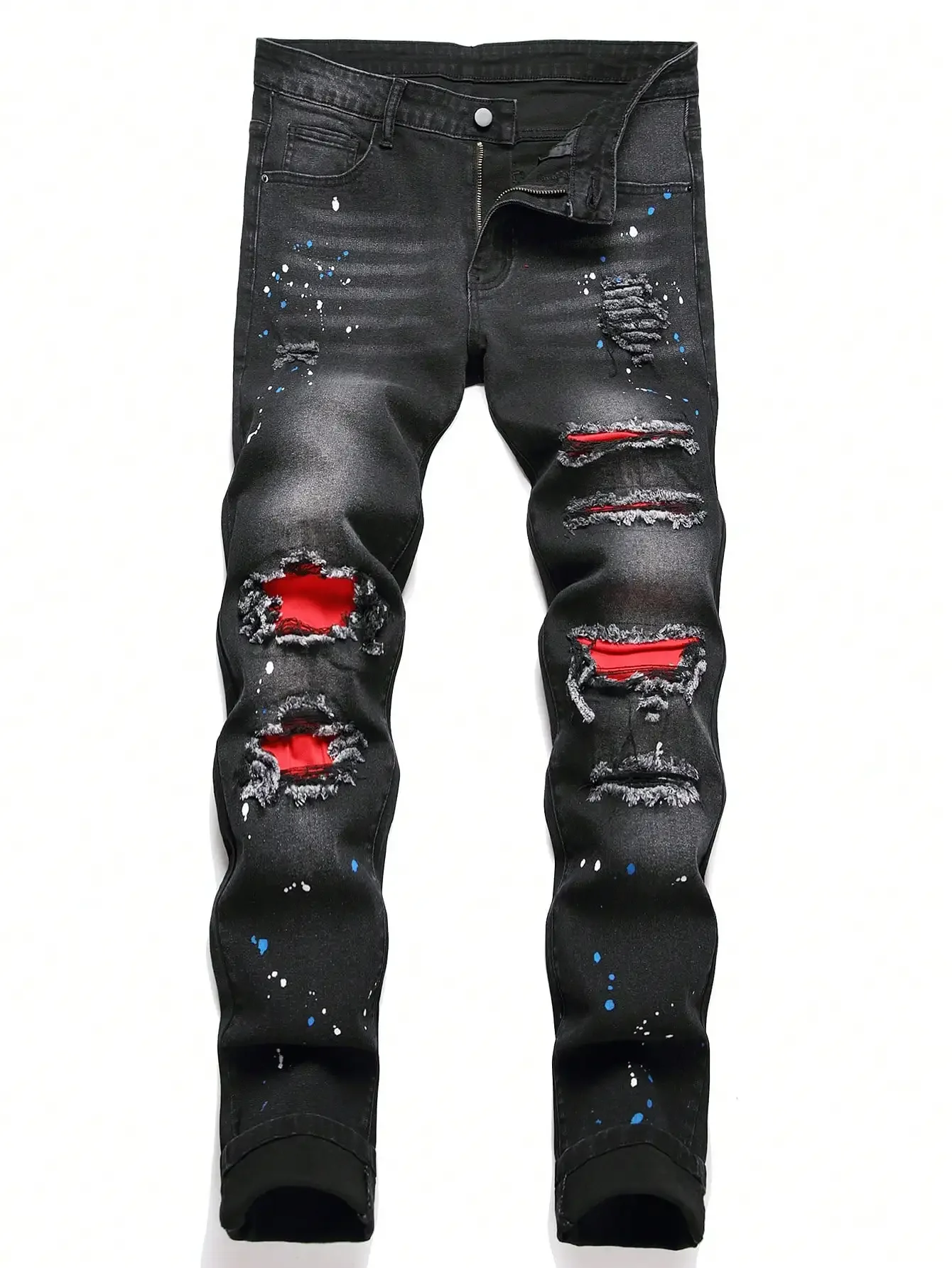 Men y2k Stretchy Skinny Denim Jeans For Men Casual pants Ripped Patchwork Hole Slim Fit Denim Hip Hop Black Straight Trousers