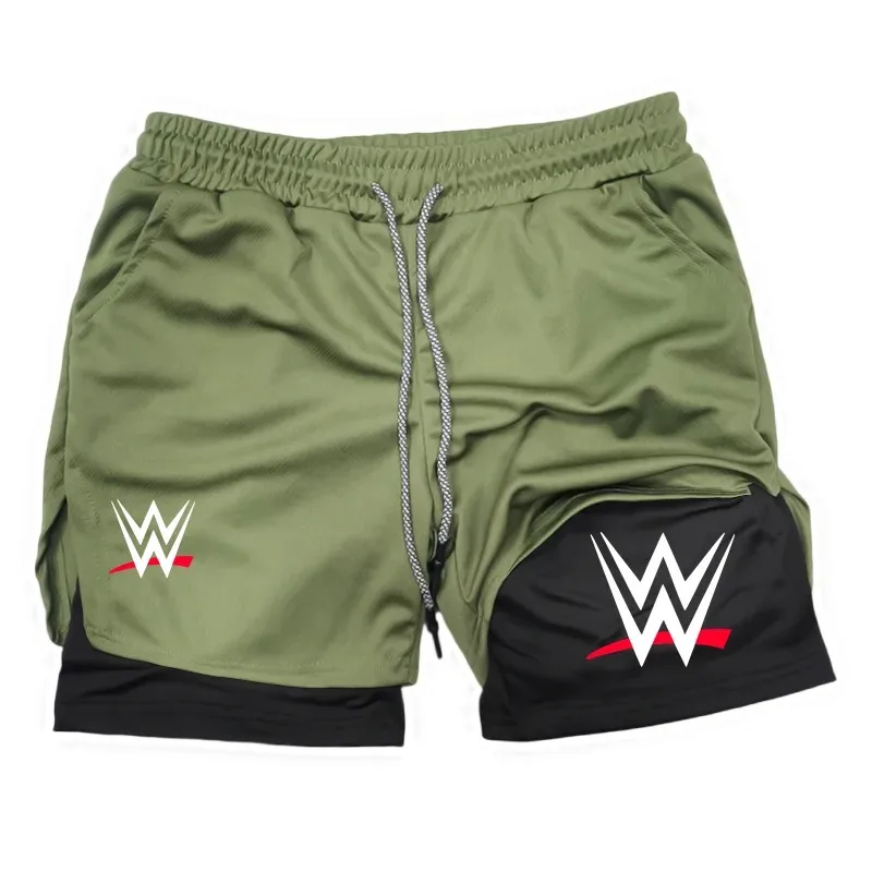 New WWE American Logo Printing 2-in-1 Men's Running Shorts Pants Fitness Performance Shorts with Phone Pocket Towel Ring Sports