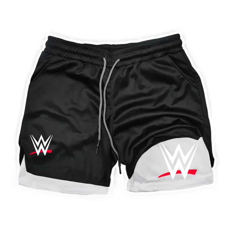 New WWE American Logo Printing 2-in-1 Men's Running Shorts Pants Fitness Performance Shorts with Phone Pocket Towel Ring Sports