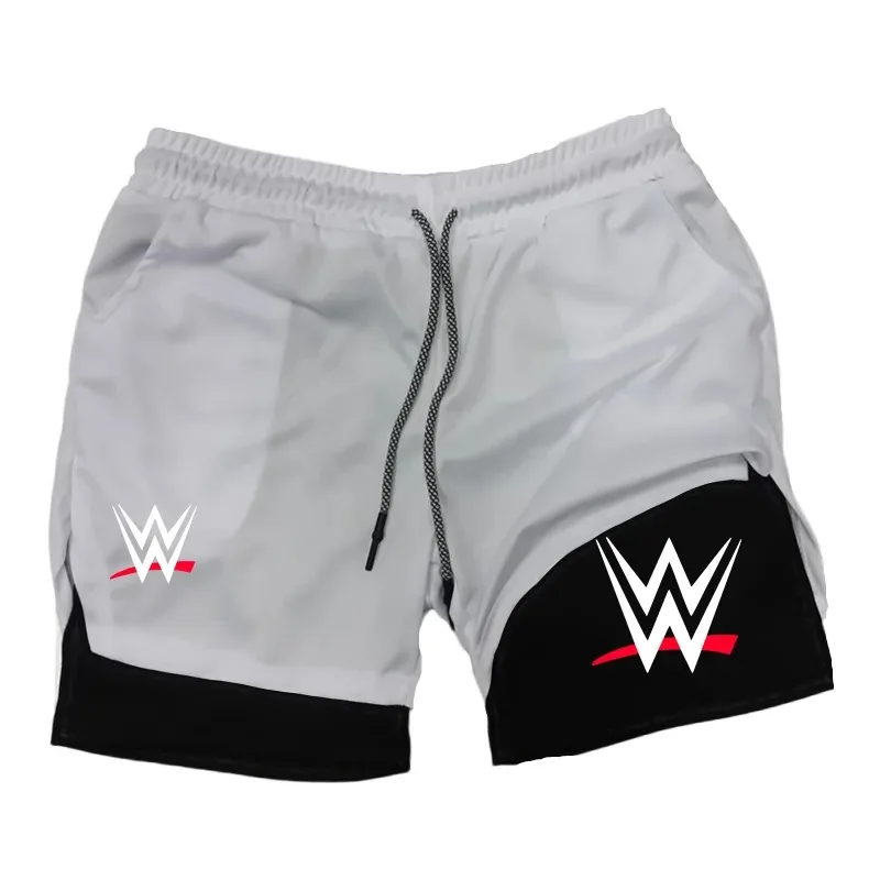 New WWE American Logo Printing 2-in-1 Men's Running Shorts Pants Fitness Performance Shorts with Phone Pocket Towel Ring Sports