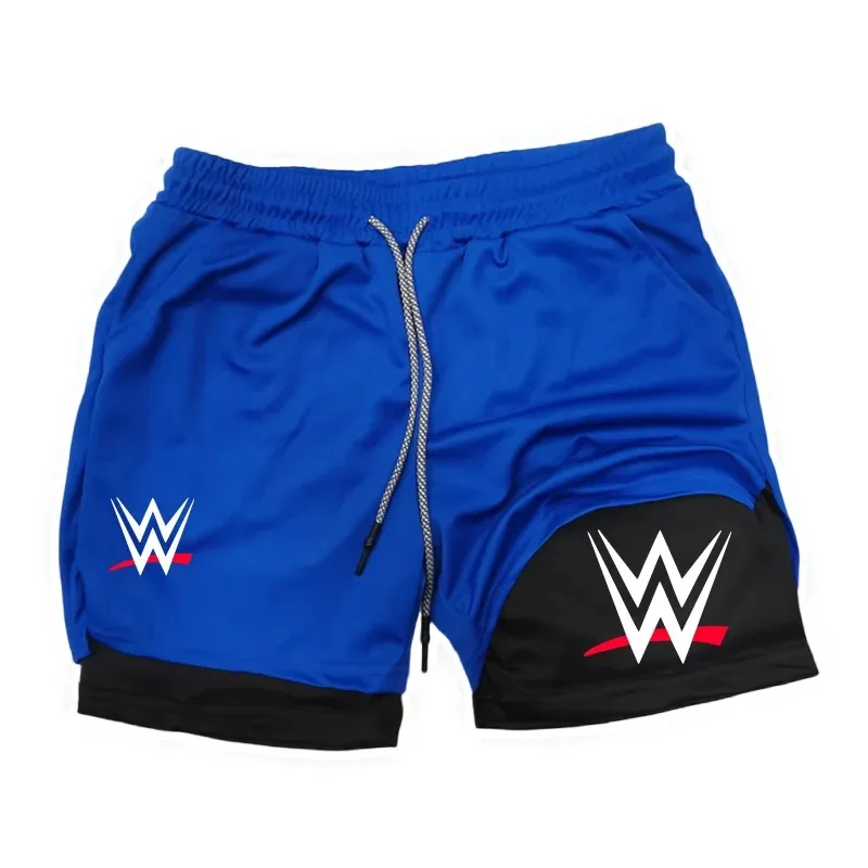 New WWE American Logo Printing 2-in-1 Men's Running Shorts Pants Fitness Performance Shorts with Phone Pocket Towel Ring Sports