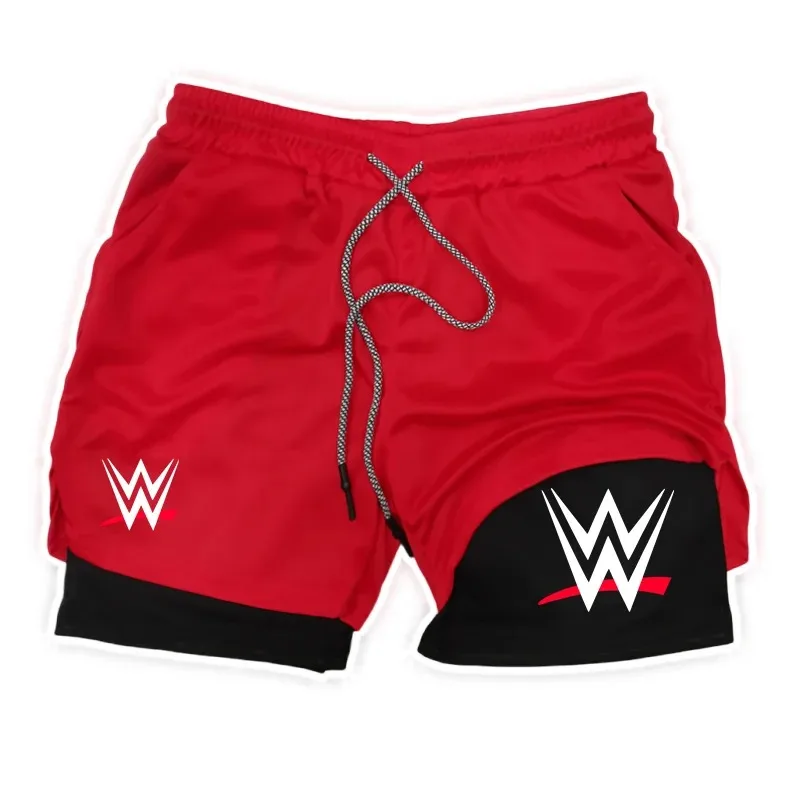 New WWE American Logo Printing 2-in-1 Men's Running Shorts Pants Fitness Performance Shorts with Phone Pocket Towel Ring Sports