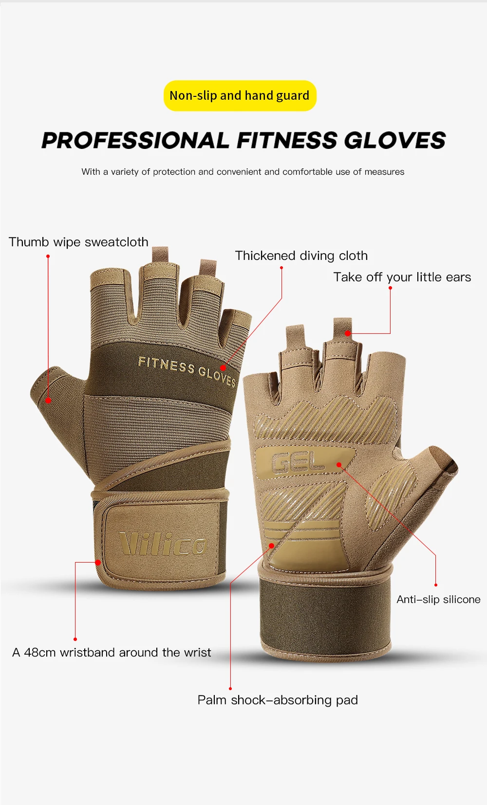 Half Finger Gym Gloves Weightlifting Dumbbell Training Anti-Slip Fitness Gloves with Wrist Support Workout Crossfit Exercise