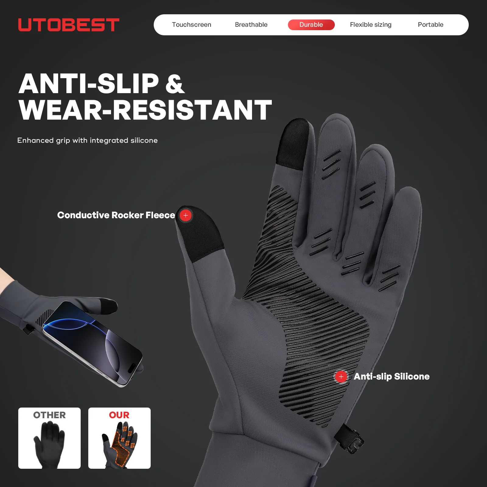 UTOBEST Lightweight Running Gloves Touch Screen Anti-Slip Warm Gloves Liners for Cycling Sporting Driving