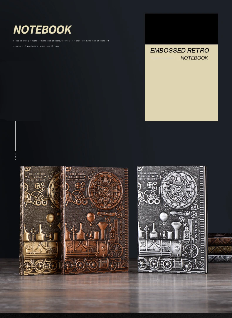 Vintage Notebook Embossed 3D PU Cover Diary Journals Handcraft Thickened Notepad Travel Planner School Office Gift