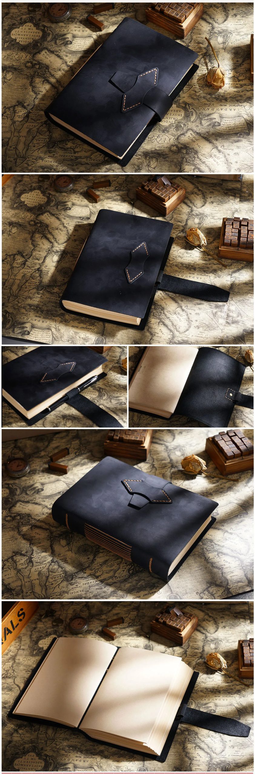 Handmade Notebook Cowhide Leather Journal Flower Cover DIY Thick Sketchbook Retro Diary Blank Kraft Paper Travel Book 400 Pages