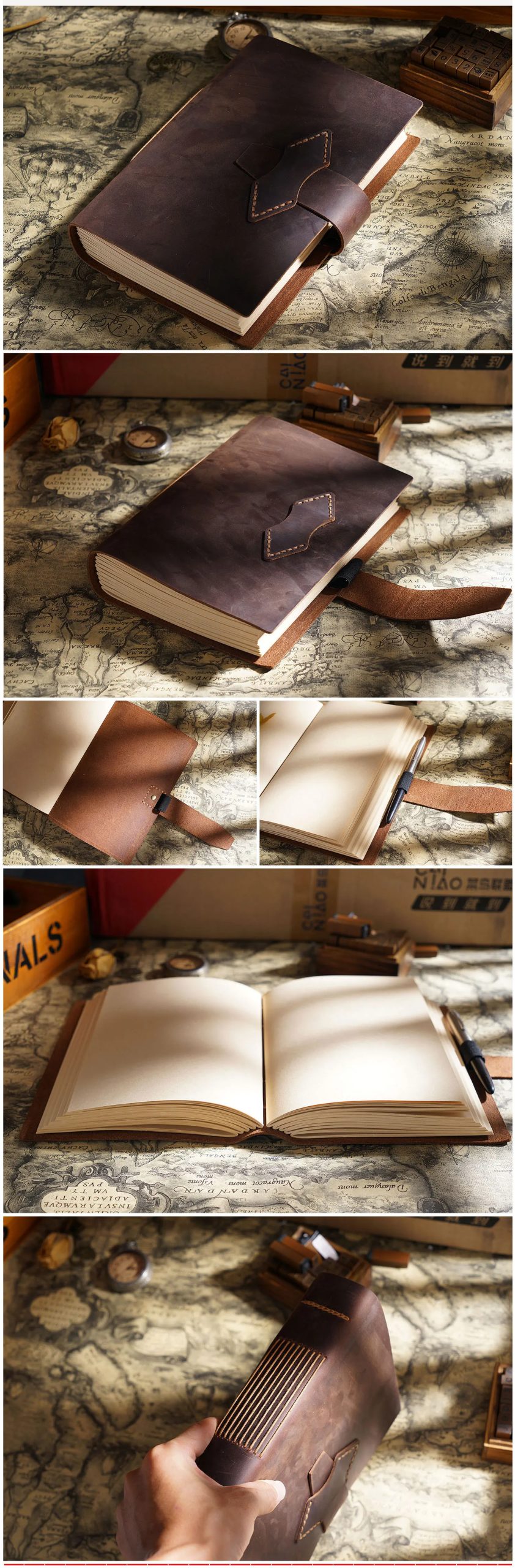 Handmade Notebook Cowhide Leather Journal Flower Cover DIY Thick Sketchbook Retro Diary Blank Kraft Paper Travel Book 400 Pages