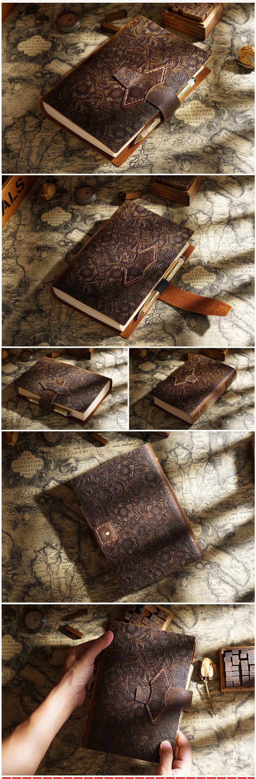 Handmade Notebook Cowhide Leather Journal Flower Cover DIY Thick Sketchbook Retro Diary Blank Kraft Paper Travel Book 400 Pages