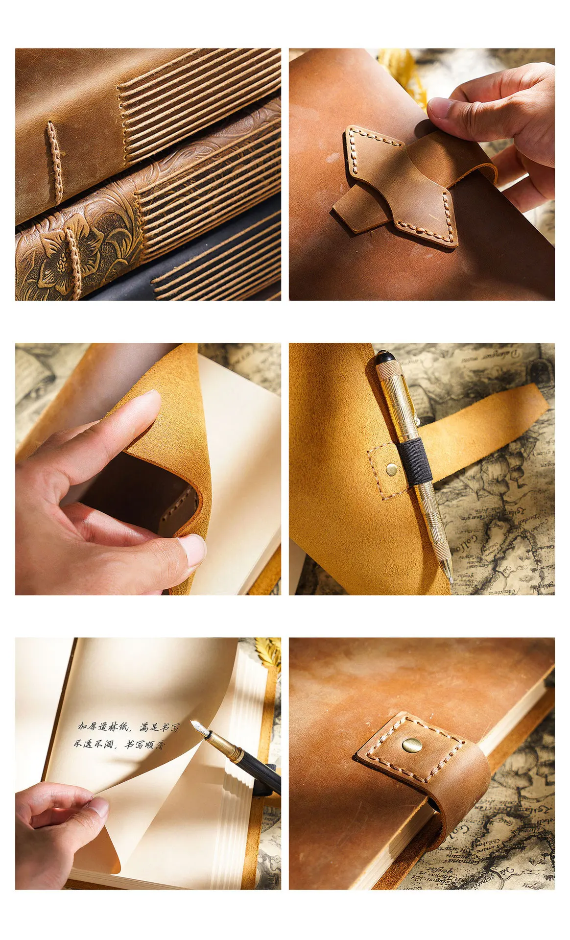 Handmade Notebook Cowhide Leather Journal Flower Cover DIY Thick Sketchbook Retro Diary Blank Kraft Paper Travel Book 400 Pages