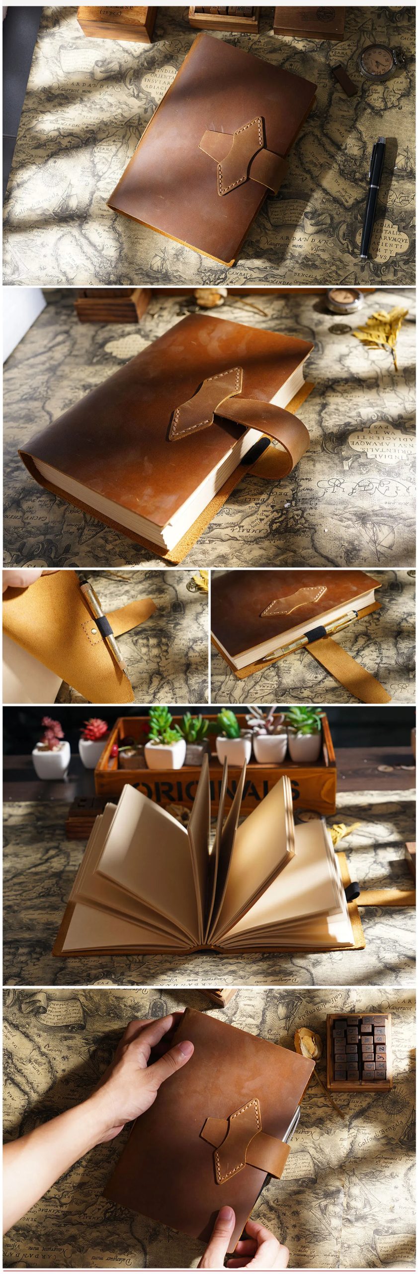 Handmade Notebook Cowhide Leather Journal Flower Cover DIY Thick Sketchbook Retro Diary Blank Kraft Paper Travel Book 400 Pages