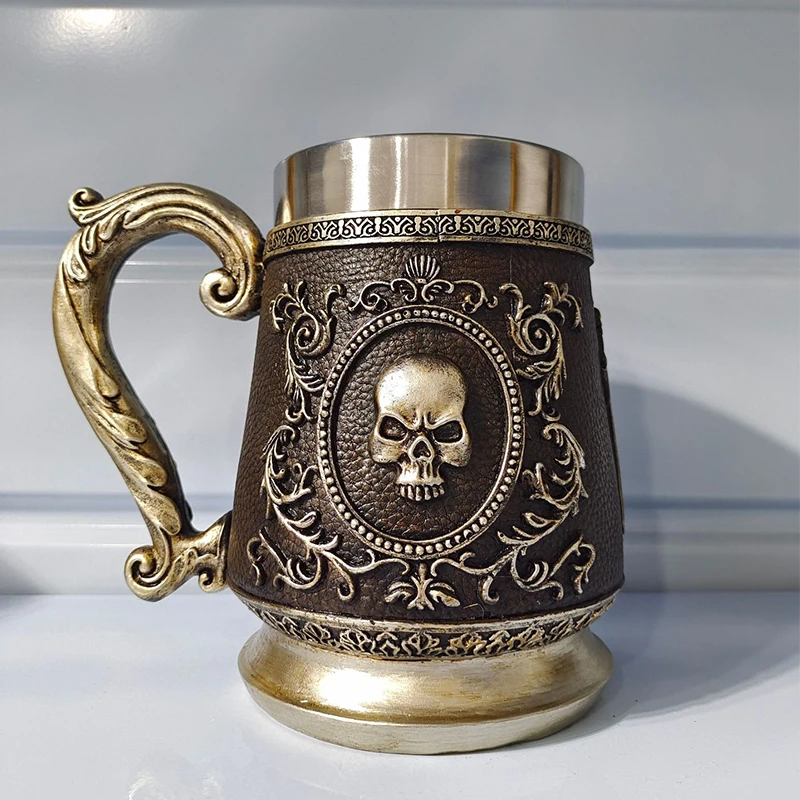 Medieval Runes Beer Mugs Coffee Cups Viking Pirate Dragon Head 3D Resin & Stainless Steel Tankard Christmas Fans Gifts Men