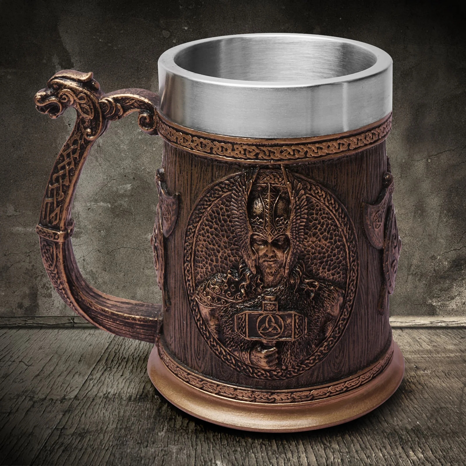 Medieval Runes Beer Mugs Coffee Cups Viking Pirate Dragon Head 3D Resin & Stainless Steel Tankard Christmas Fans Gifts Men
